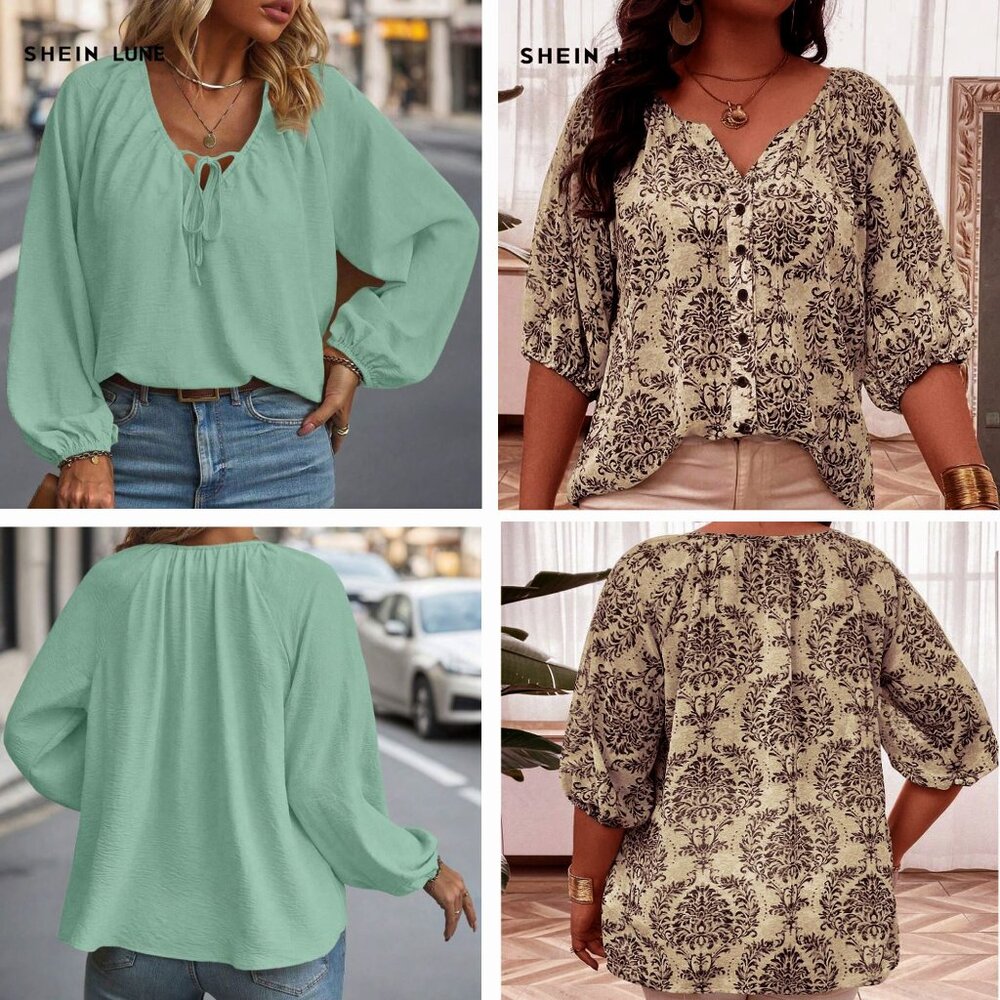 Lot of 2 - Shein Blouses Mint Green Tie Neck And Tan & Black Boho Print Batwing